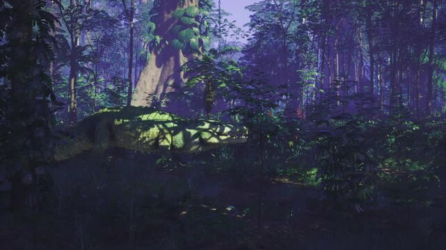 Dappled sunlight forest giant crocodile resting beside sunlit trunk, speckled light patterns on scaly back, lush foliage framing calm prehistoric presence.