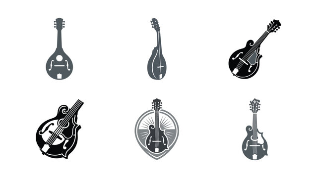 Mandolin Guitar Icons Set: Vintage Stringed Musical Instruments Collection