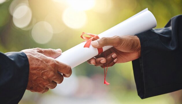 Graduate receiving paper scroll diploma certificate at ceremony celebration representing success achievement and hard work concept