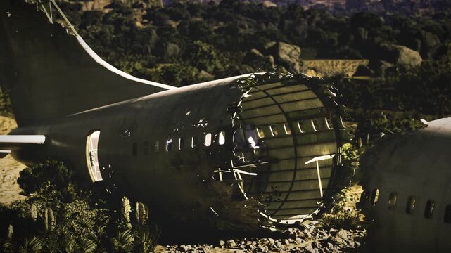 Crashed airplane fuselage in forest, bathed in dramatic low light windows torn, interior exposed, mosscovered metal and scattered debris cinematic drone vantage