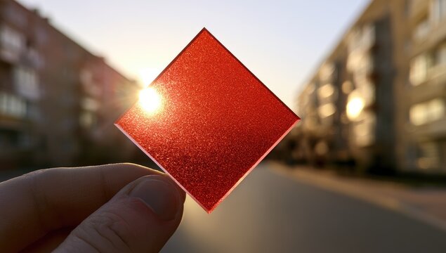 A hand holds a red diamond-shaped filter against a sunset