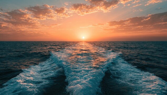 Sun setting over ocean, casting golden light on sea foam wake