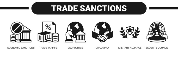 Naklejka premium Trade Sanctions web banner icon vector illustration concept with icons of economic sanctions, trade tariffs, geopolitics, diplomacy, military alliance, and security council. 
