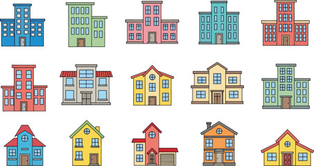 Fototapeta premium A collection of colorful, cartoon-style buildings is displayed on a white background.