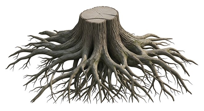 Isolated tree stump with detailed root system on white background.