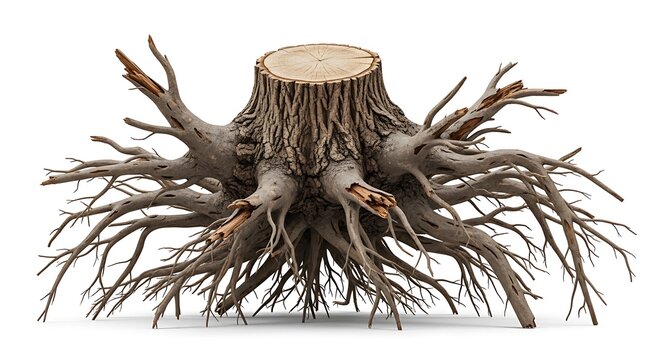 Isolated tree stump with extensive root system on white background.