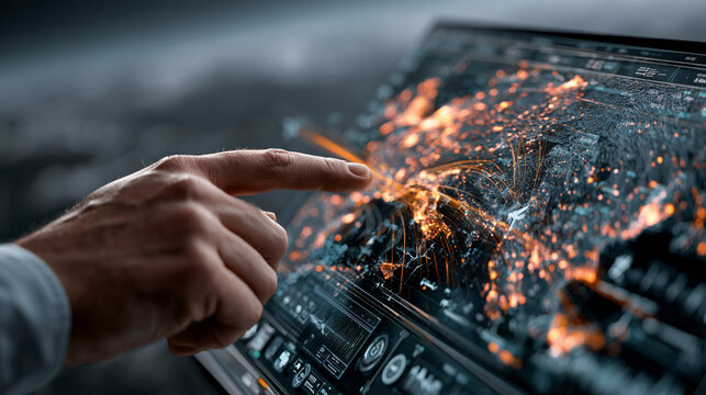 Professional hand interacting with a digital aviation operations dashboard. Expert analyzing real-time airline data and flight analytics on a futur...