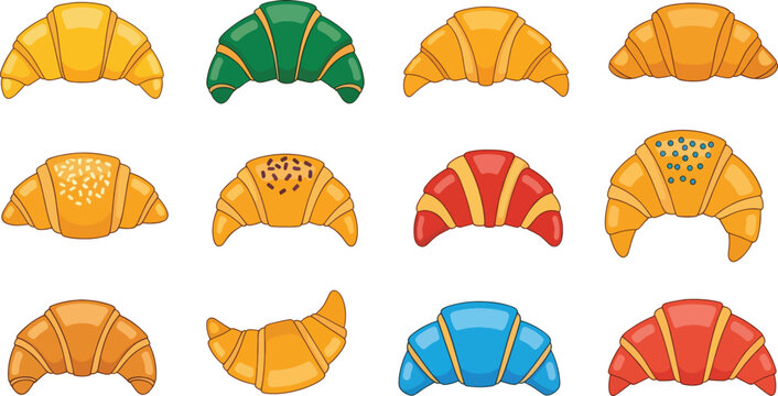 A collection of croissants in various colors and patterns is displayed on a white background.