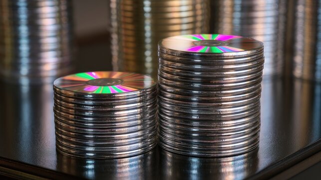 Two stacks of circular discs, reflecting colorful light, sit on a dark surface
