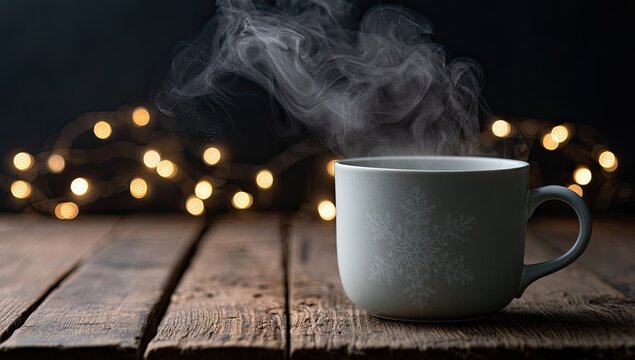 Warm beverage in a snowflake mug with cozy bokeh lights on rustic wood