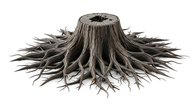 Isolated tree stump with sprawling root system on white background.