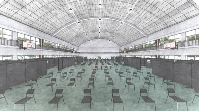 体育館に設置された感染症ワクチン接種会場 3DCGアニメーション背景