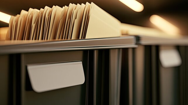 Rows of hanging file folders with blank labels in a well-lit office