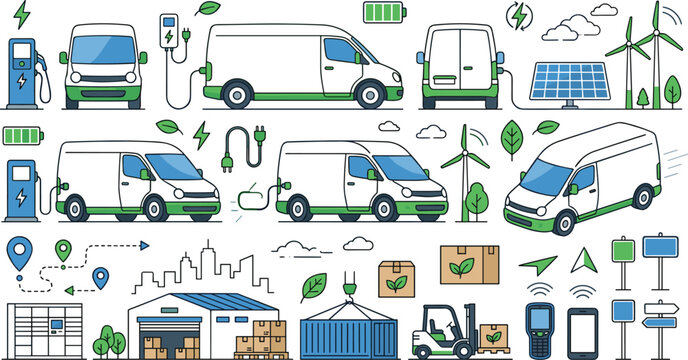 Electric delivery van and green logistics vector illustration set with renewable solar energy charging stations and warehouse infrastructure for sustainable transport marketing