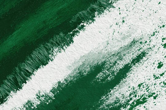 Abstract textured strokes of deep green and stark white paint create dynamic contrast