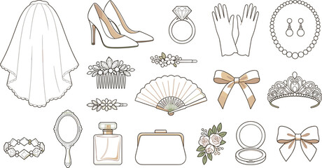 Elegant bridal accessories vector illustration set featuring wedding veil high heels diamond ring tiara and perfume bottle for marriage invitation design © AntarChandra