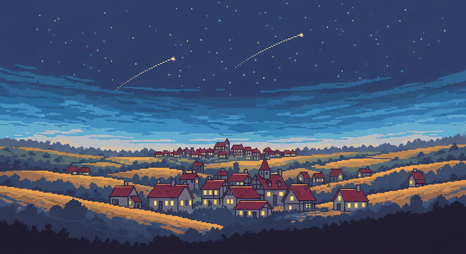 Charming village nestled in rolling hills under a starry night sky with shooting stars.