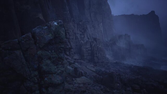 Tide swept boulder field under cold sky, closerange study of wet rocks and tidal pools, winddriven spray and textured surfaces, cinematic contrast