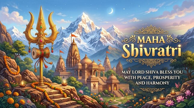 Golden trishul and temples under majestic mountain at sunset for maha shivratri festival