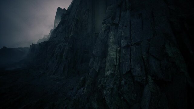 Eroded cliff and mossy stones. Timeworn rocky surface with shadowy moss patches. Stony rugged terrain featuring aged walls and shadowed moss covering