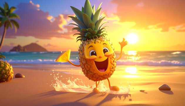 A cheerful cartoon pineapple on a beach.