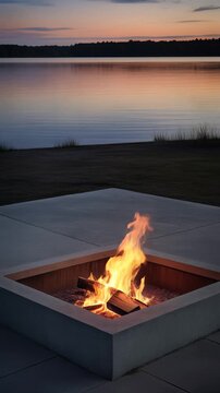 A serene evening view of a warm fire pit burning by the lakeside during a calm sunset.