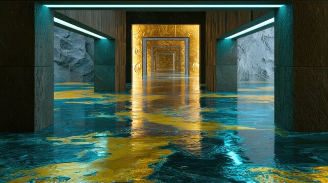 Futuristic, surreal passageway with glowing golden portals and liquid floor