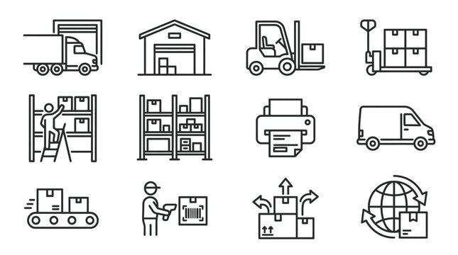 Logistics and Delivery Icons Set: Warehouse, Forklift, Truck, Van, Conveyor, Package Tracking