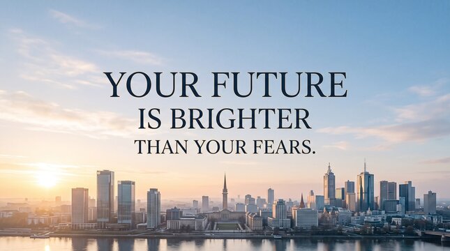 Inspirational quote on city skyline background.