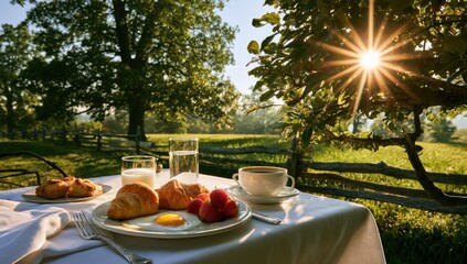 Fototapeta premium Sunny outdoor breakfast of croissants, egg, berries, coffee, and milk