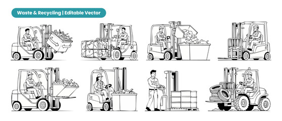 Obraz premium Forklift vector icon set recycling and waste management operations, warehouse workers operating industrial lift trucks for scrap metal, trash, tires, and drums handling line art illustration package