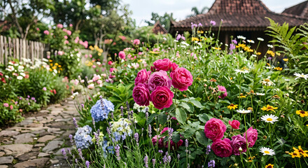 Fototapeta premium Cottage Garden with Blooming Roses and Lavender
