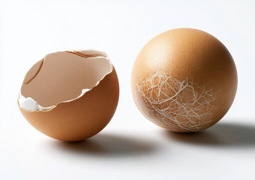Cracked eggshell next to an intact egg with a web-like crack pattern