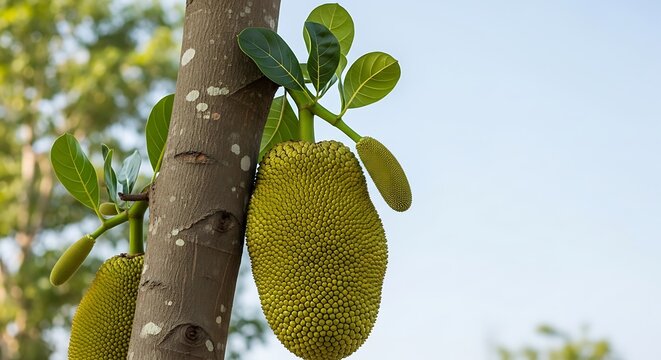 Jackfruit hanging from tree branch.