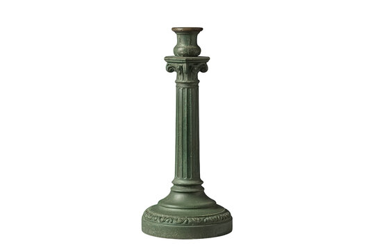 Vintage green metal candlestick with fluted column and decorative base on transparent background