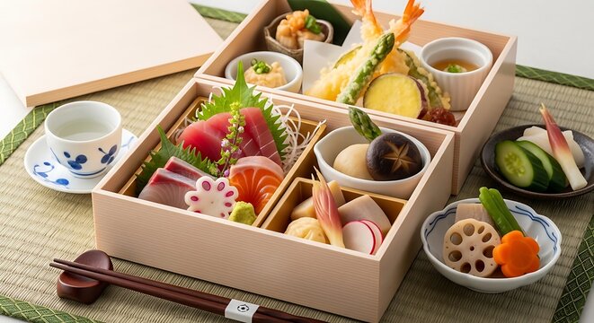 Japanese bento box with food.