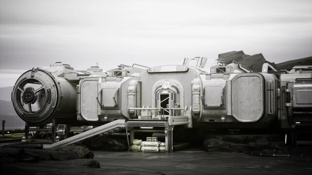 Retro styled habitat module on plateau, riveted panels and porthole silhouettes evoke classic scifi engineering and rugged pioneering spirit