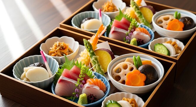 Japanese food in wooden bento box.