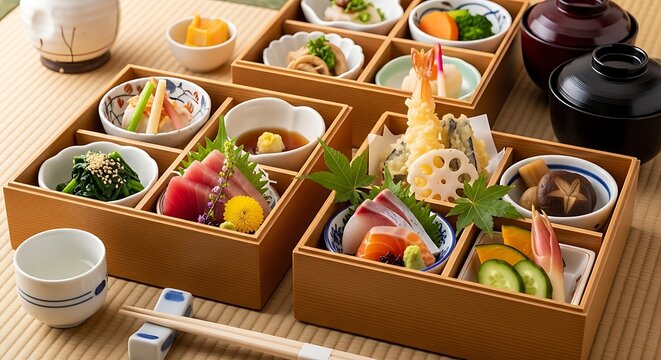 Japanese bento boxes with various food.