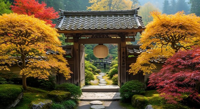 Japanese garden gate with autumn trees.