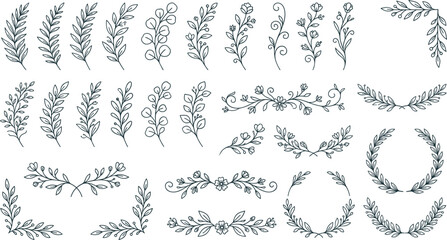 Hand drawn botanical branch and floral wreath vector set for rustic wedding invitations cosmetic branding and delicate greeting card design © AntarChandra