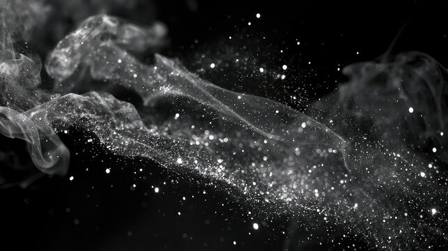 Ethereal, luminous dust motes swirl within wisps of smoke