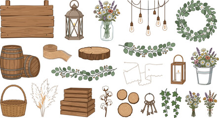  Hand drawn rustic wedding decoration vector elements set featuring wooden signs barrels lanterns and eucalyptus wreaths for country event invitation branding © AntarChandra