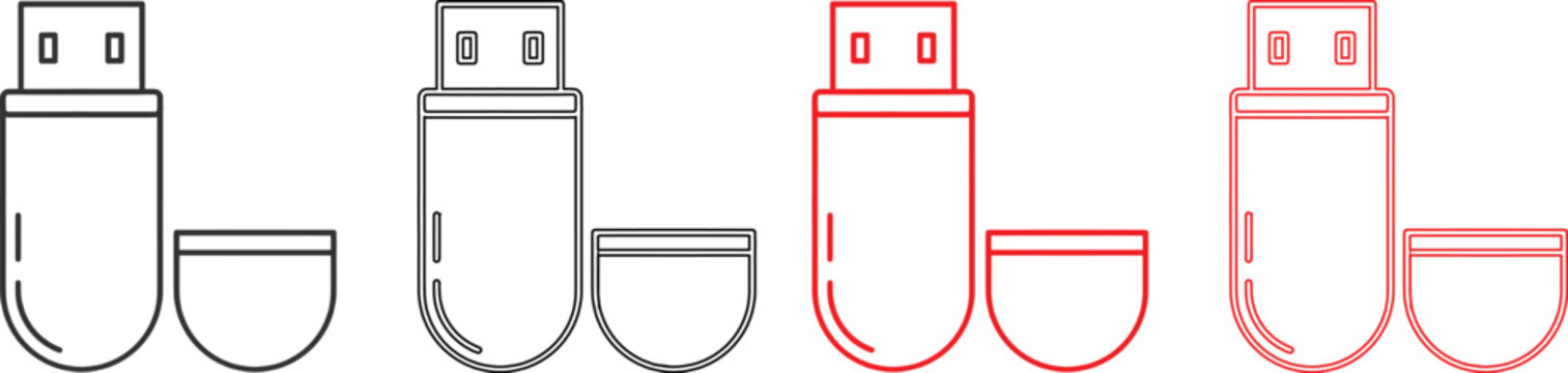 Set of black and red line art usb flash drive icons for digital storage and data transfer technology symbols