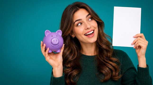 Woman Holding a Piggy Bank and a Blank Sign on a Teal Background