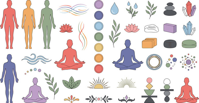 Holistic wellness vector illustration set with chakra points meditation silhouettes and crystal icons for spiritual health branding and commercial marketing
