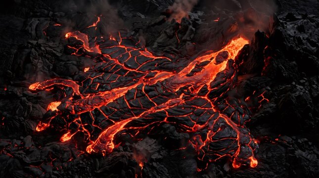 Molten lava stream flowing over dark volcanic rock during an eruption, glowing red hot magma with smoke and steam