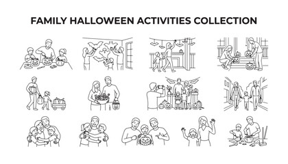 Fototapeta premium Family Halloween Activities Collection – Halloween Pumpkin Carving and Trick or Treat Illustration Set