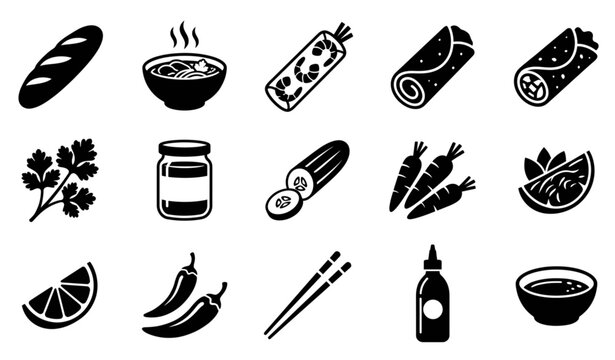 Vietnamese food and ingredients vector icons set isolated on white background flat Asian cuisine illustration Pho Banh Mi baguette line design