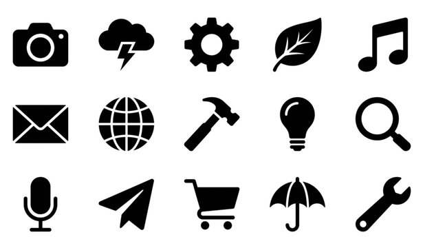 app icons, UI, UX, user interface, web icon, system icon, navigation, dashboard, button, menu, camera, weather, storm, lightning, settings, gear, cogwheel, leaf, nature, music, audio, mail, envelope, 